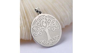 Grand pendentif rond arbre de vie en acier inoxydable couleur argent