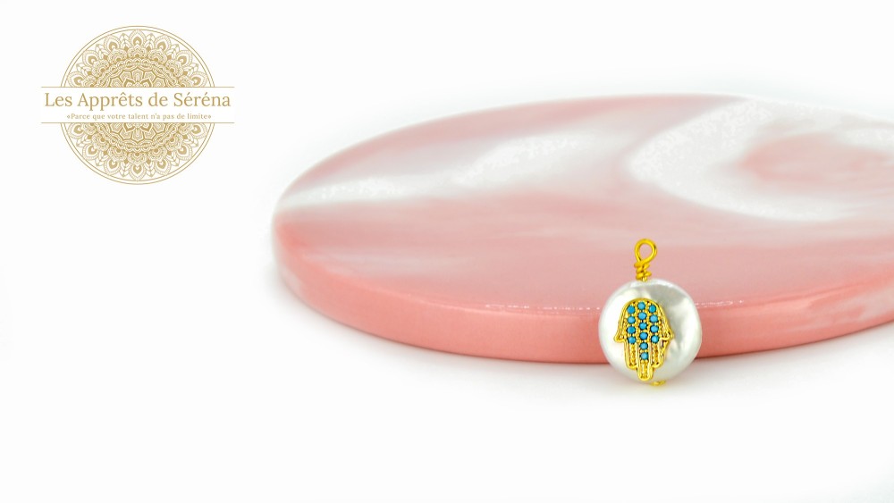 Pendentif nacre naturelle main hamsa turquoise