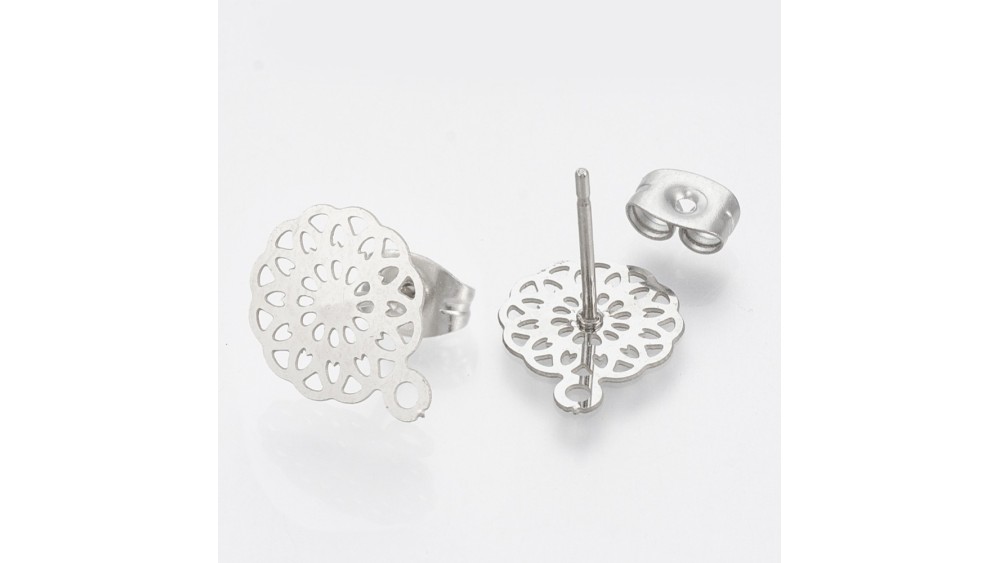 Paire de clou d'oreille dentelle 13mm en acier inoxydable 304 argent