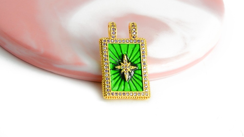 Pendentif rectangle émaillé verte avec strass pour création colliers