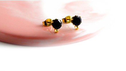 Puces supports acier strass noir en acier inoxydable couleur or