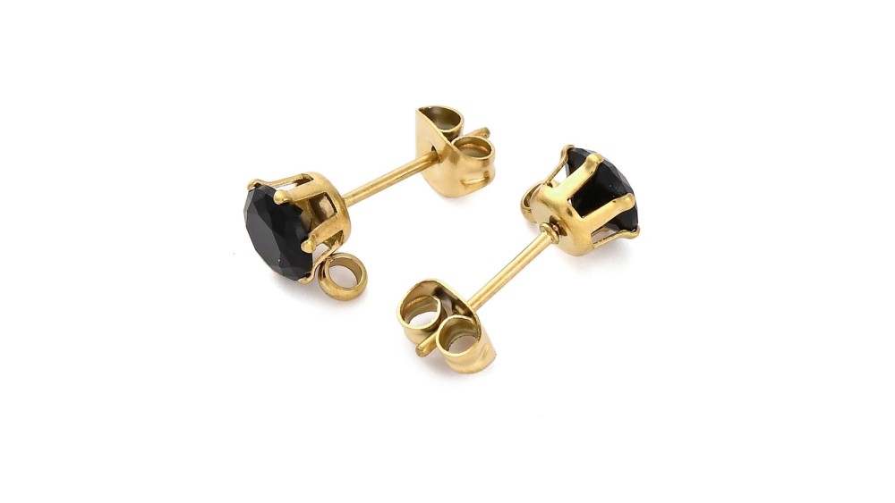 Puces supports acier strass noir en acier inoxydable couleur or