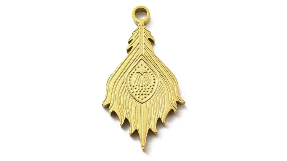 Pendentif plume de paon acier inoxydable plaqué or 18k