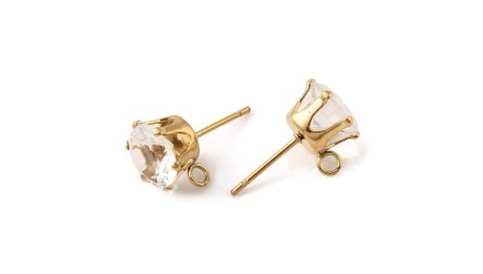 Supports puces d'oreille à strass rond en acier plaqué or 18k