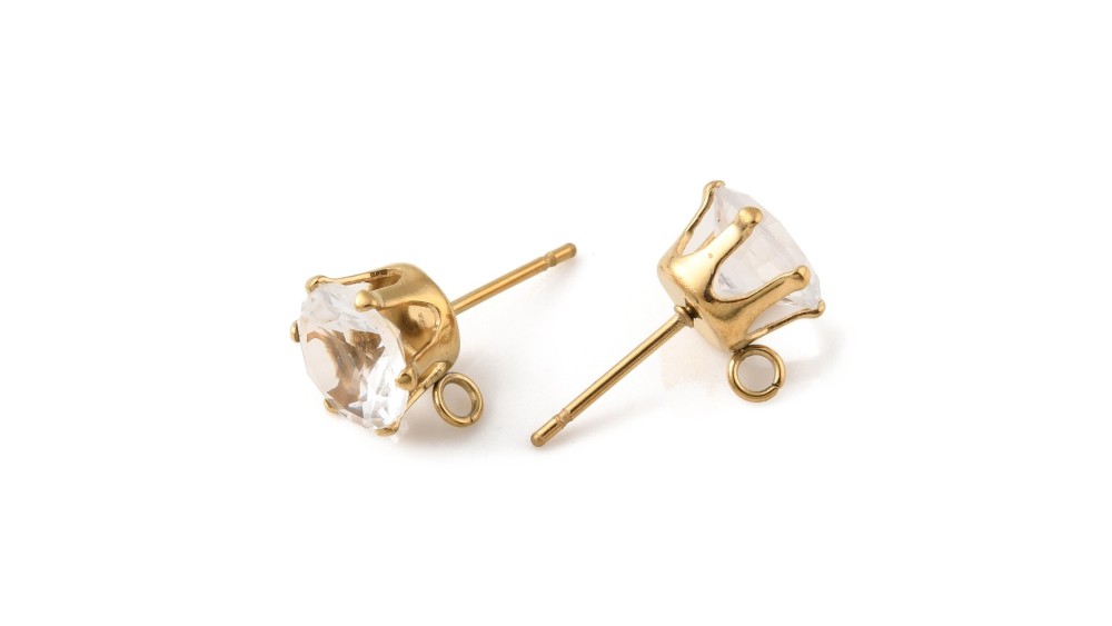 Supports puces d'oreille à strass rond en acier plaqué or 18k