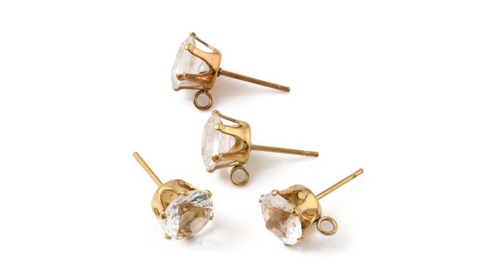 Supports puces d'oreille à strass rond en acier plaqué or 18k