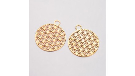 Pendentif en laiton doré longue tenue fleur de vie géométrie sacré .