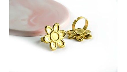 Bague fleur acier 304 plaqué or 18k pour cabochon de 8mm