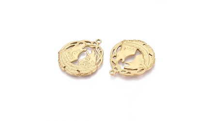 Pendentif loup hurlant acier inoxydable plaqué or 18k