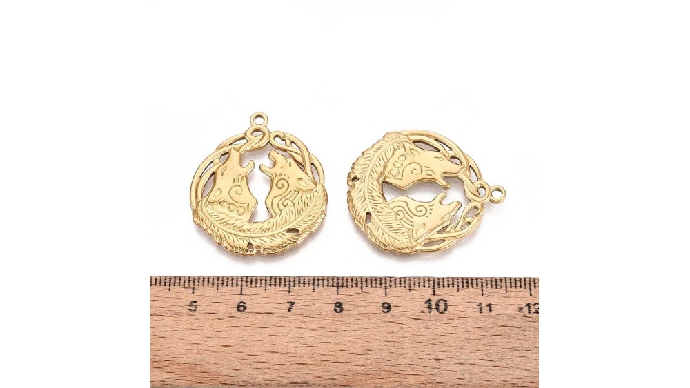 Pendentif loup hurlant acier inoxydable plaqué or 18k