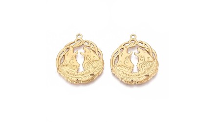 Pendentif loup hurlant acier inoxydable plaqué or 18k