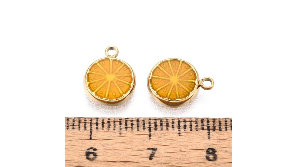 Pendentif tranche de citron acier inoxydable émaillé et plaqué or