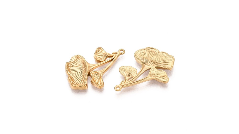 Pendentif feuille de gingko acier inoxydable 304 plaqué or 18k