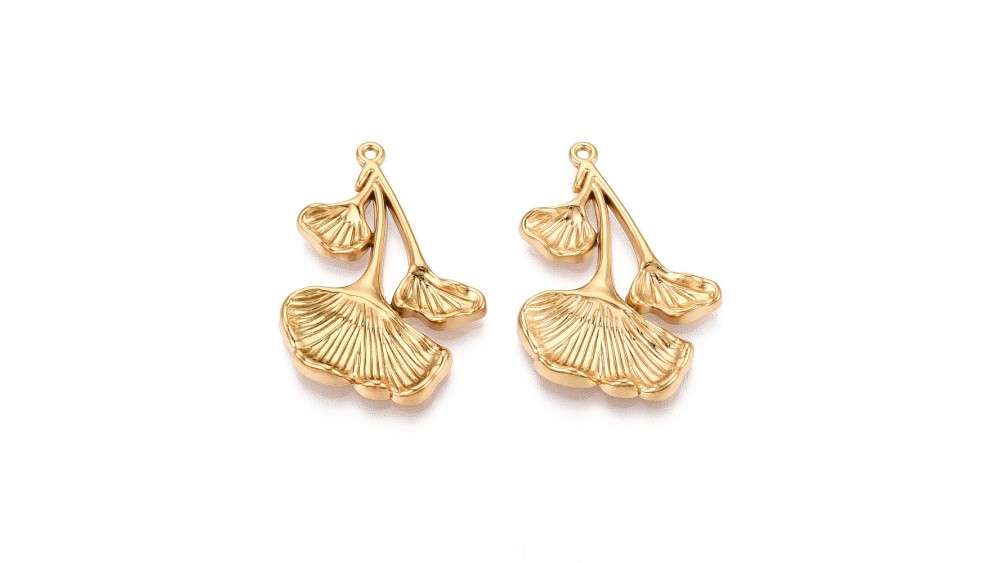 Pendentif feuille de gingko acier inoxydable 304 plaqué or 18k