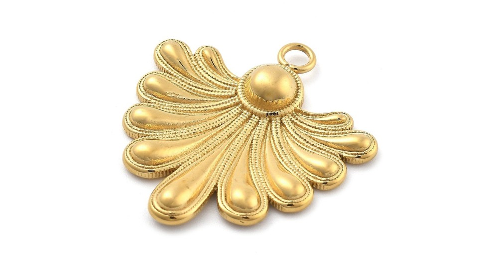 Pendentif feuille ou volute acier inoxydable plaqué or 18k
