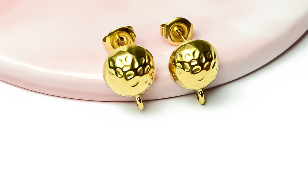 Paire de puces martelées acier inoxydable 304  plaqué or 14k