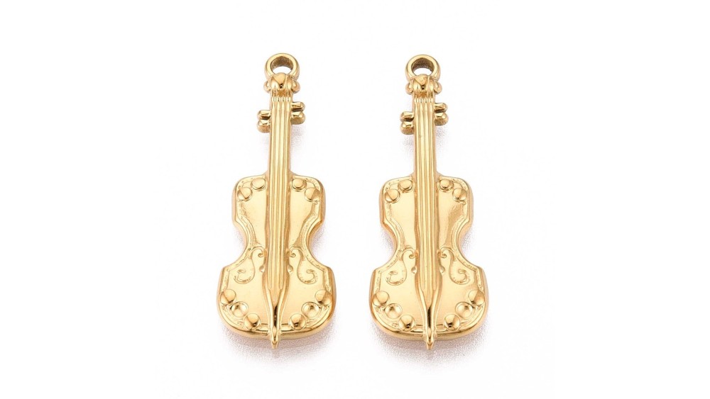 Pendentif violon acier inoxydable 304 plaqué or 18k