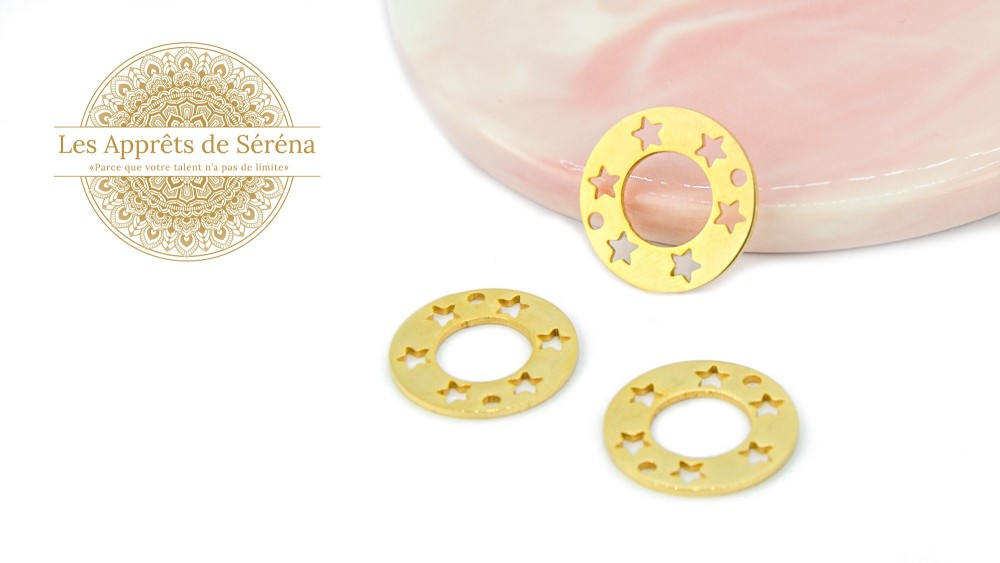 Connecteur rond à étoiles 20mm acier doré pour création  de bracelets