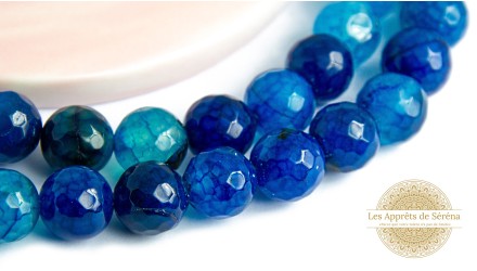 Perles à facettes 10mm agate craquelée teintée bleue/grade A