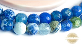 Perles à facettes 10mm agate de feu naturelle teintée bleue