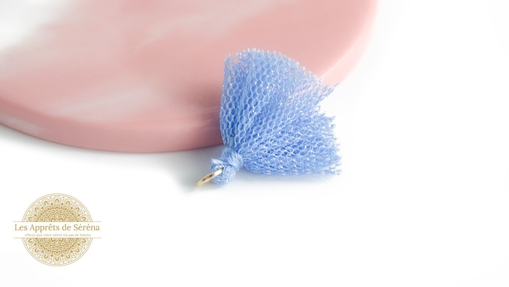 Pompon tulle bleu doux pailleté or x4