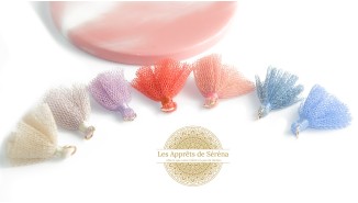 Pompon tulle beige  x4 pendentif avec anneau
