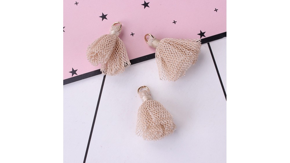 Pompon tulle beige pailleté or x4 pendentif avec anneau