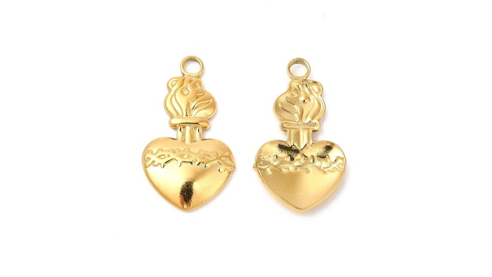 Pendentif coeur flamboyant en acier plaqué or 18K