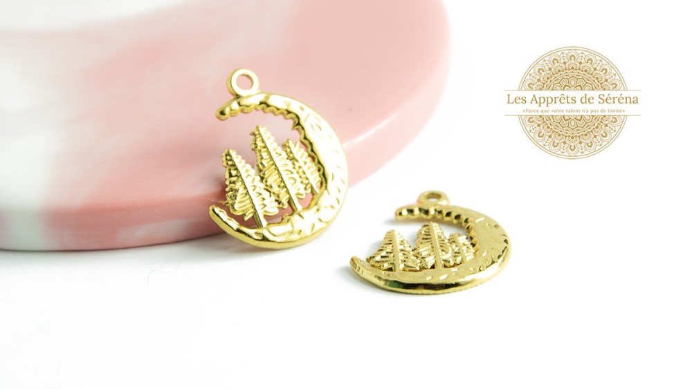 Pendentif demi lune et sapin en acier inoxydable plaqué or 18K