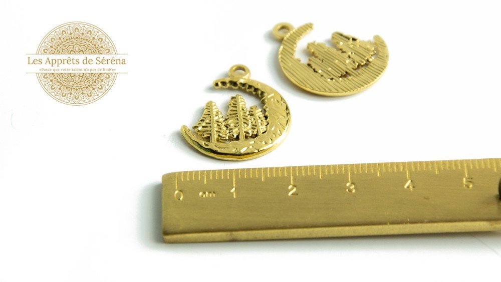 Pendentif demi lune et sapin en acier inoxydable plaqué or 18K