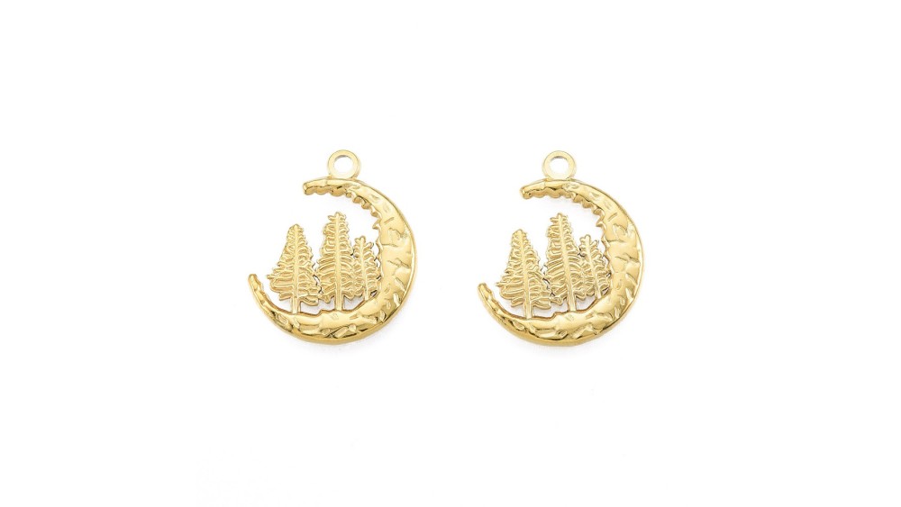 Pendentif demi lune et sapin en acier inoxydable plaqué or 18K