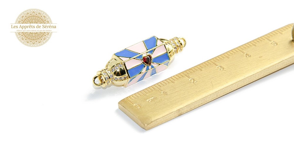 Connecteur émaillé tube talisman rose clair et bleu