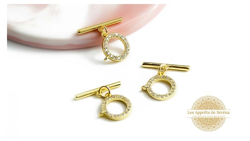 FFermoir Toggle  14mm laiton plaqué or 18k strass zirconium