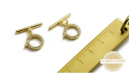 FFermoir Toggle  14mm laiton plaqué or 18k strass zirconium