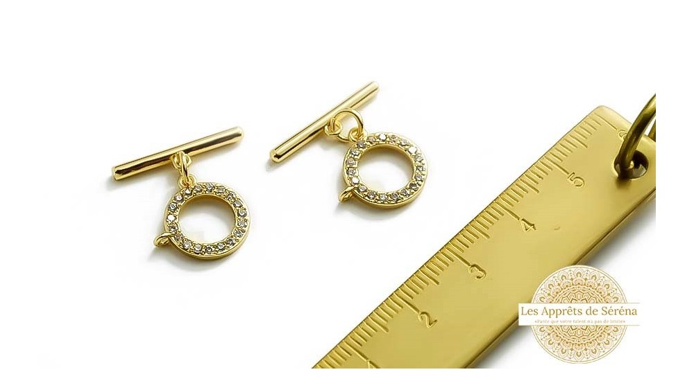 FFermoir Toggle  14mm laiton plaqué or 18k strass zirconium