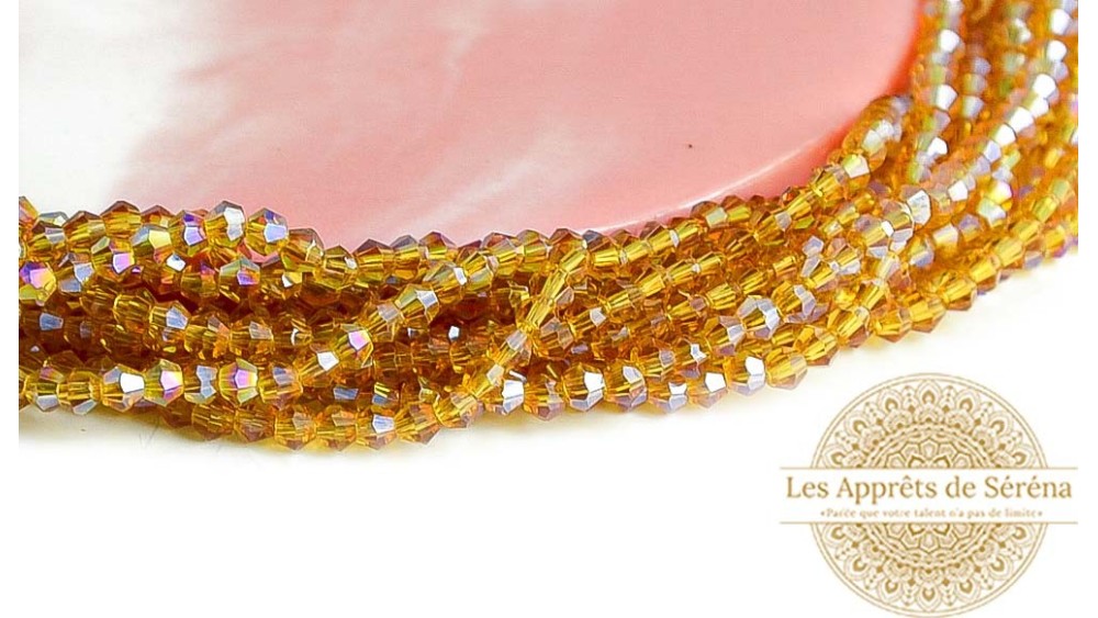 Rang de perles toupie de 3mm en verre topaze AB pour création fines