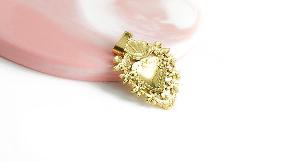 Pendentif coeur flaboyant et anges en acier inoxydable
