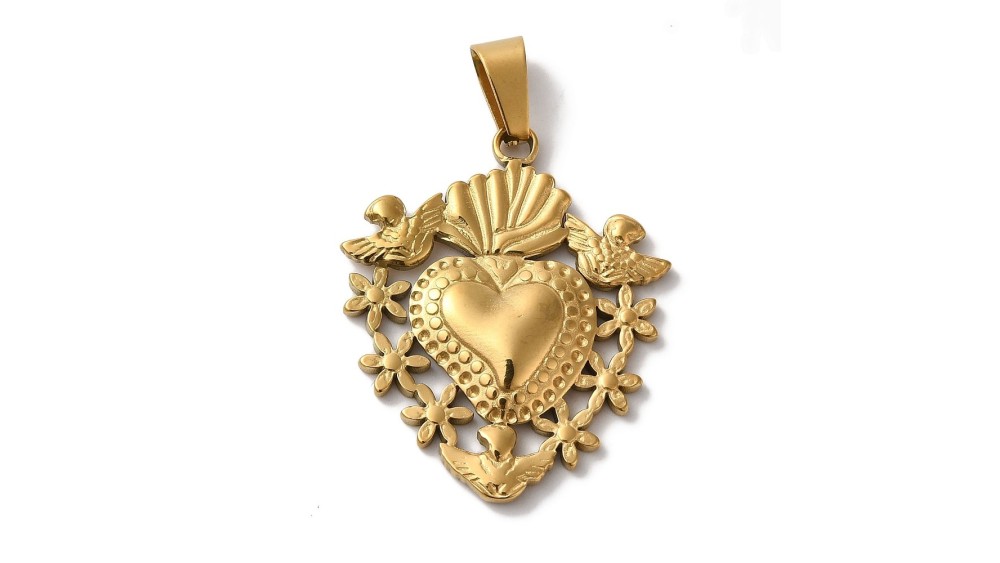 Pendentif coeur flaboyant et anges en acier inoxydable